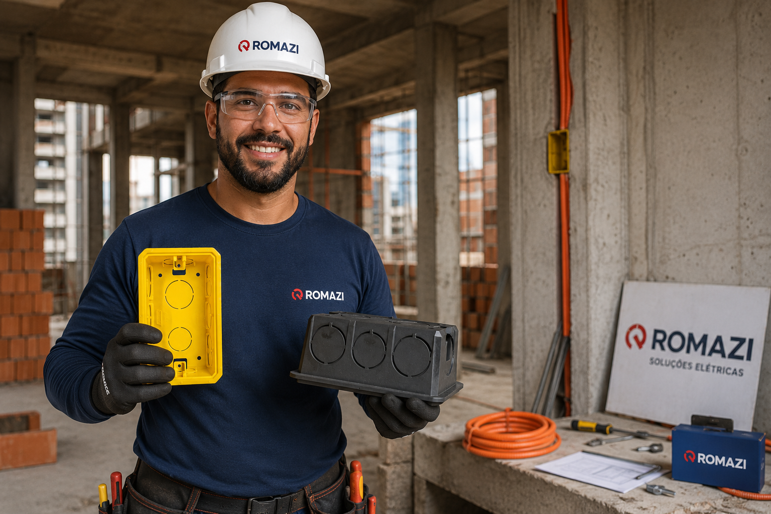 Colaborador Romazi sorrindo segurando caixas de luz amarela e preta em obra