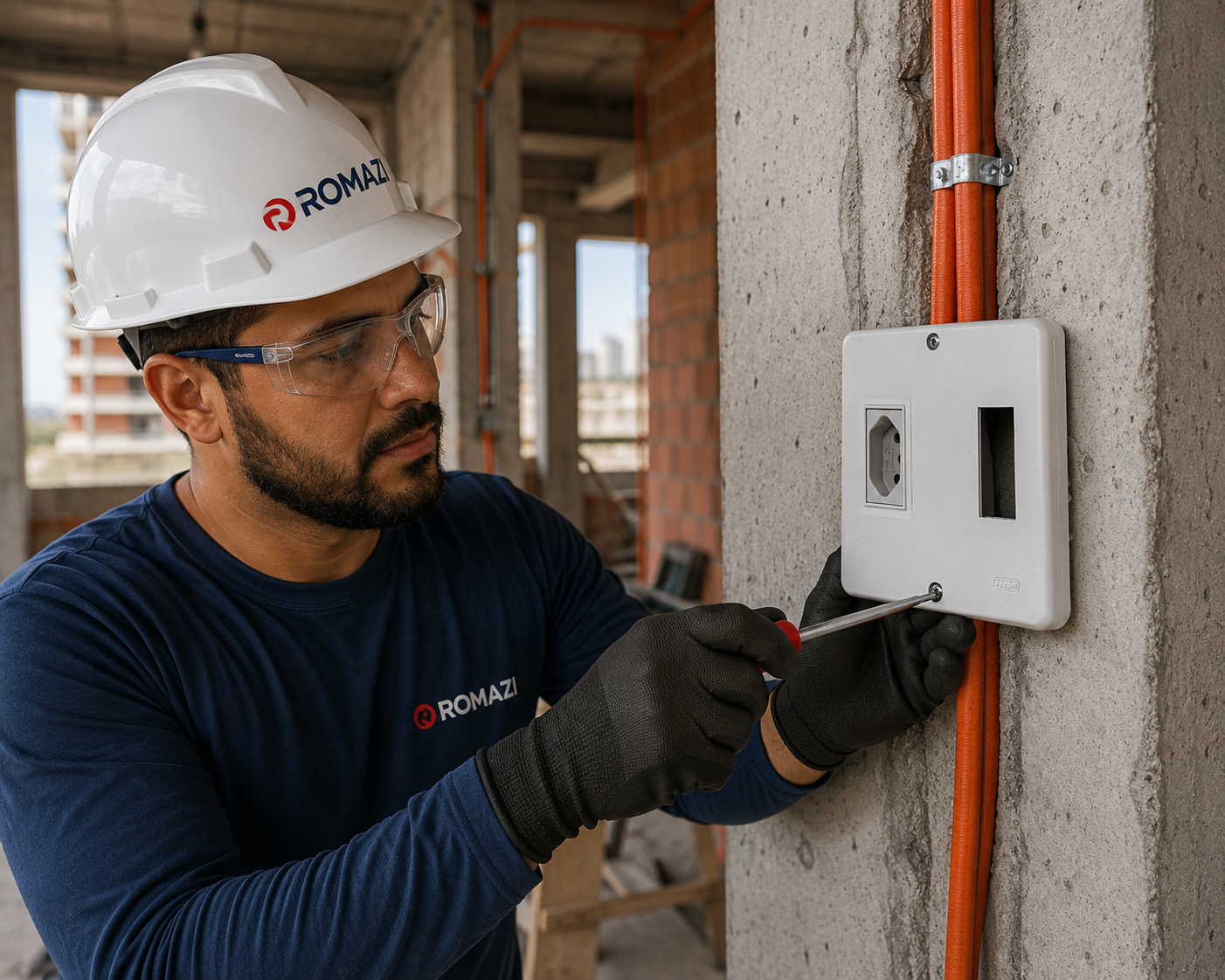 Eletricista Romazi instalando tomada em parede de concreto